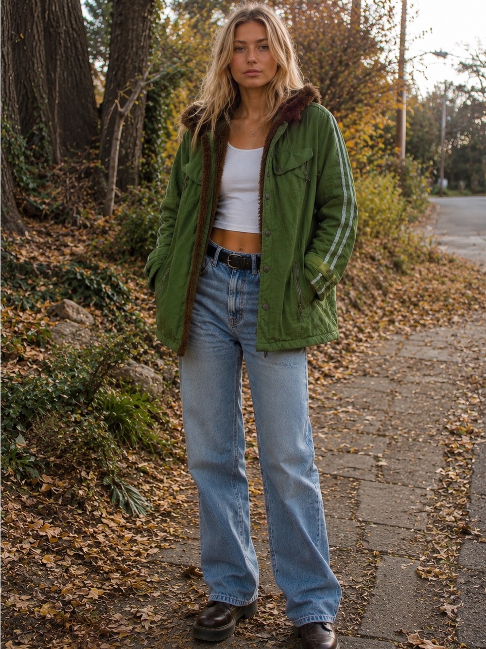 Vintage Olive Green Utility Jacket with Brown Sherpa Trim - Women